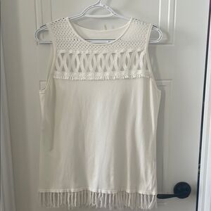Elie Tahari White Embellished Tank Top with Fringe Hem